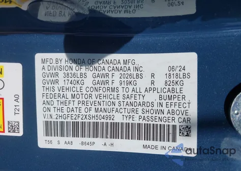 2025 Honda Civic Lx from USA, damaged, VIN 2HGFE2F2XSH504992